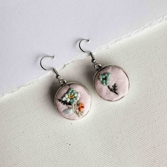 Handmade Pink and Blue Embroidered Floral Drop Earrings - Picture 11 of 13